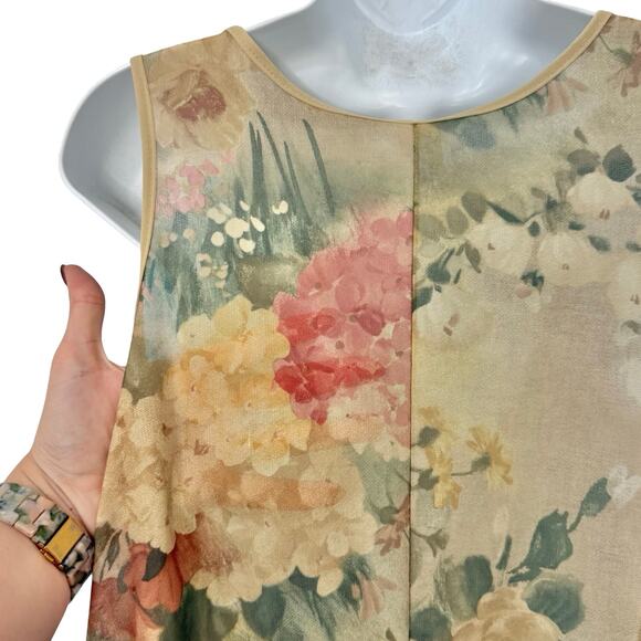 Vintage 90s Beige Pink Green Floral Roses Sheer Coquette Lingerie Dress size L - Picture 7 of 8